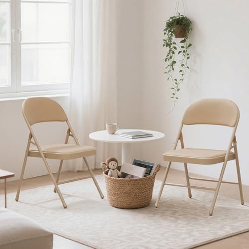 Image of 2 Pack Khaki Folding Chairs with Padded Cushion and Metal Frame