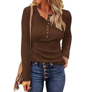 WNEEDU Women’s Waffle Knit Tops Casual Long Sleeve Blouses Slim Fit Button Down V Neck Henley Shirt Dark Coffee,M