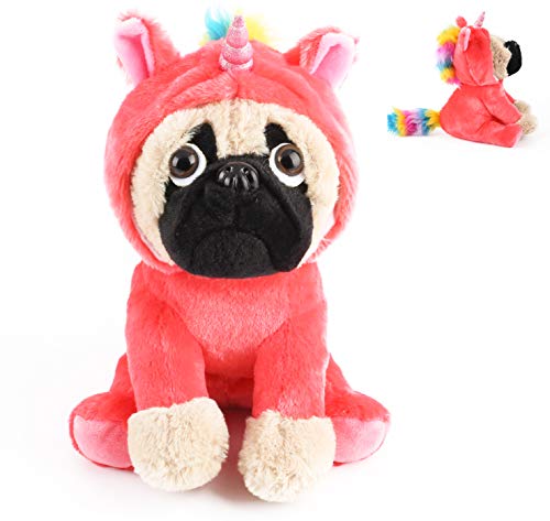 Cute Pug Stuffed Animal Pugicorn Dog Dressed as Hot Pink Unicorn ,Plush Soft Puppy Toy in Costume with Spark Horn Rainbow Mane and Tail , Great Gift for Kids ,12 Inch