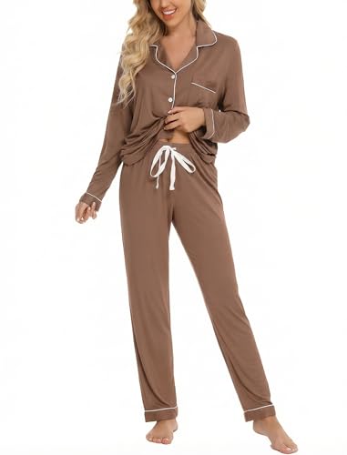 Image of Leikar Button Down Pajamas for Women Soft Viscose Sleepwear Long Sleeve Pjs Set Maternity Nursing Postpartum Loungewear