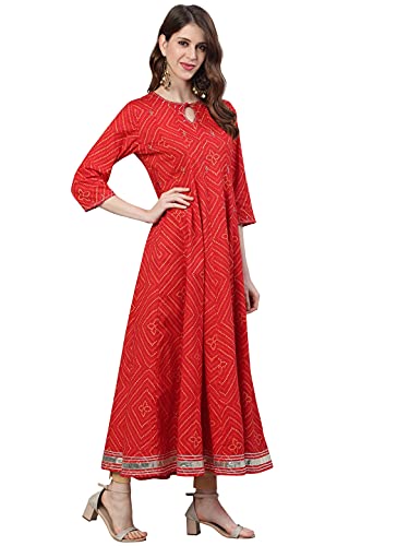 Image of ishin Women's Cotton Anarkali Embellished Gotta Patti Bandhani Print Red Kurti