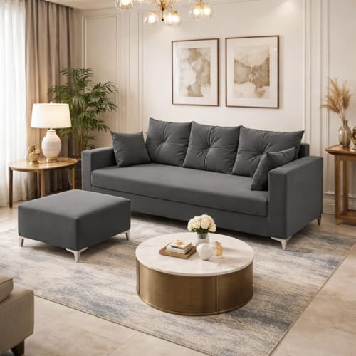 Image of Zora 4 Seater L Shape Sofa Set with Movable Ottomans | Flexible Layout | Rich Velvet Suede Fabric | Silver Legs | Dual Tone Modern Sofa for Living Room (Dark Grey)