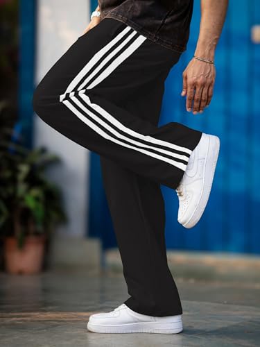 Image of Men's Track Pants with White Side Stripes | 4-Way Lycra Twill Polyester Straight Relaxed Fit Joggers | Mid-Rise Flexi Waist Lounge Bottoms