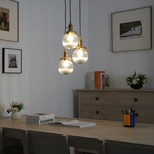 Image of Phansthy Kitchen Island Lighting, 3 Lights Linear Chandeliers, Hanging Light with 5.9 inch Globe Striped Glass Shade, 3-Light Pendant Light Fixtures for Dining Room Farmhouse (Antique Gold, Round Base)