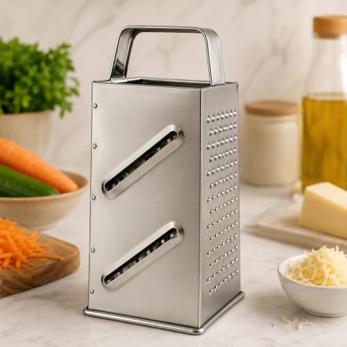 Image of Stainless Steel 4-Sided Box Grater with Handle | Multipurpose Vegetable, Cheese & Fruit Grater for Kitchen | Coarse, Fine, Slice & Shred Options