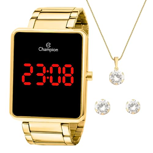 Relógio Feminino Champion Digital Dourado + Kit Colar e Brincos
