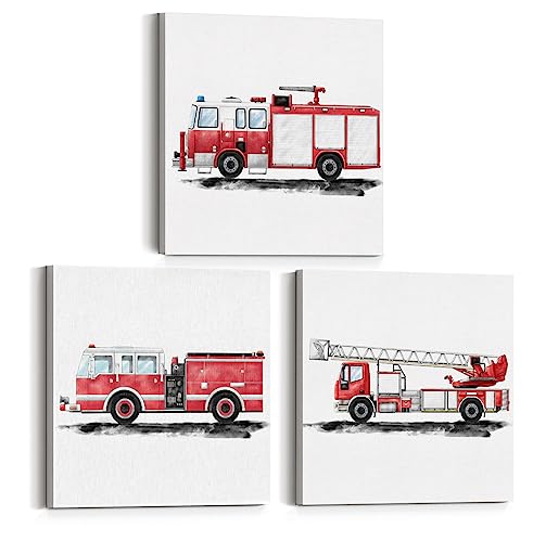 Set of 3 Fire Truck Nursery Transportation Canvas Wall Art Framed Paintings Prints Watercolor Fire Engine Firetruck Canvas Posters Pictures Wall Decor for Home Kids Bedroom 12x12 Inch