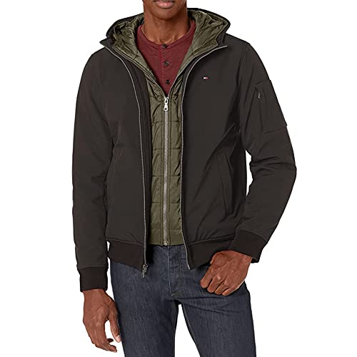 Image of Tommy Hilfiger Men's Soft Shell Fashion Bomber With Contrast Bib and Hood