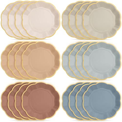 Tiangrid 72 Pcs Morandi Color Paper Plates 9 Inch Brown Blue Gradient Scalloped Paper Disposable Dinner Dessert Plates for Birthday Wedding Bridal Party Supplies, 6 Colors