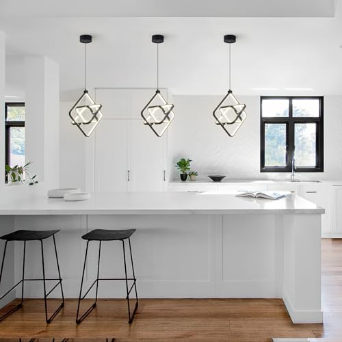 Image of Modern LED Pendant Lights Plated Black Rectangular Pendant Light Fixtures 4000K 35W Dimmable Pendant Lighting for Dining Room Kitchen Island Bedroom Living Room Foyer(3-Ring)