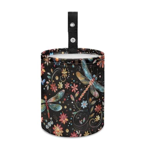 Image of Renewold Floral Dragonfly Butterflies Car Trash Can Automotive Interior Accessories Button Design Trash Bin for Car Garbage Can Gift for Women Men Storage Bag for Picnic Beach Home Office Waterproof