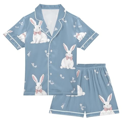 senya Bow Rabbit Elegant Satin Summer Pajama Sets Silk Short Sleeve Button Down Sleepwear