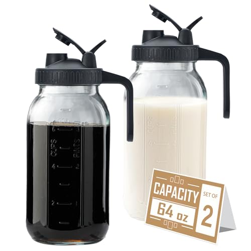 Image of 64oz Glass Pitcher with Lid - 2 Quart Mason Jar Pitcher with Spout, Leak-proof Milk Container for Refrigerator, Easy to Clean Wide Mouth Water Jug, Juice, Tea, Iced Coffee, Beverage and Drinks