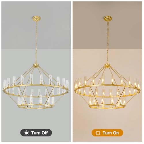 Image of 63 Inch Large Gold Wagon Wheel Chandelier with Clear Glass Shade 2 Tier 36-Lights Round Pendant Light Farmhouse Industrial Chandeliers Dining Room Light Fixture for Stair Living Room Foyer