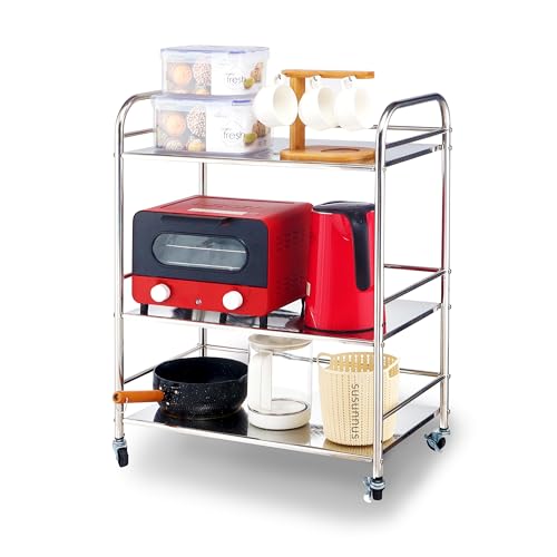 susunnus Stainless Steel Cart with Wheels 3 Tier Stainless Steel Kitchen Cart Utility Cart Metal Cart with Wheels Suitable for Various Occasions Movable Gift Tools
