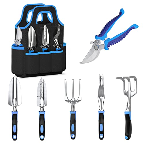 Garden Tool Set, Gardening Gifts For Women & Men，Wanchi 7 Pcs Heavy Duty Aluminum Rustproof Gardening Hand Tools，Blue Gardening Kit (Garden Tote Shovel Hand Rake Fork Weeder Pruner Transplanter) #TOP12