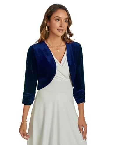 Image of Womens Velvet Bolero Shrug Elegant Open Front Ruched 3 /4 Sleeve Cocktail Party Cropped Cardigan