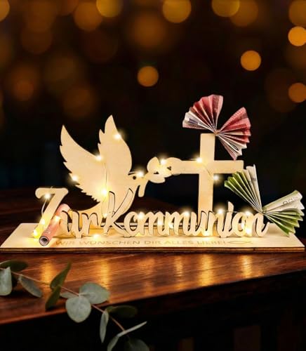 Geschenk zur Kommunion Mädchen Junge Geldgeschenk Kommunion Holz mit LED Lichterkette Kommunionsgeschenk Deko Erstkommunion Mädchen Junge