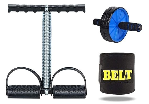 3 in 1 Tummy Trimmer with Ab Roller & Sweat Belt | Single Spring Abs Exerciser for Men & Women | Home Gym Fitness Equipment for Belly Fat & Core Workout (Multicolor)-image-49