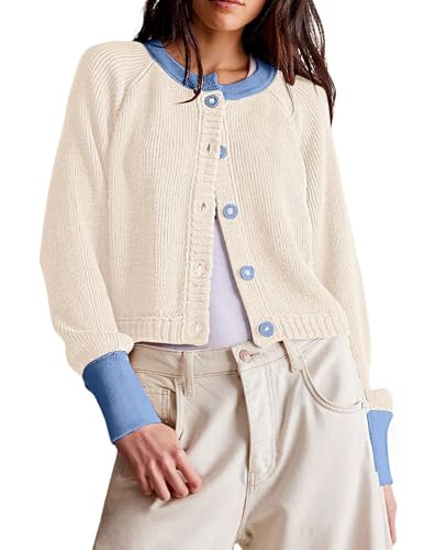 loveimgs Women Knitted Button Down Cropped Cardigan Jacket Sweater Y2k Fall Knit Color Block Sweater Crewneck Crop Short Coat