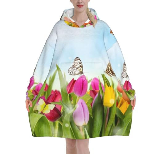 Couverture à capuche tulipes en flanelle surdimensionnée pour adulte