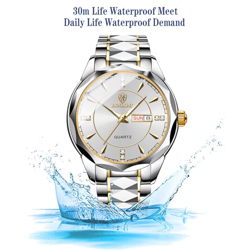 yunanwa Valentines Couple Pair Watches Men and Women Luminous Calendar Waterproof Gold Silver Stainless Steel Quartz Watch Blue Face his and Hers Watches Set Lovers Set of 2