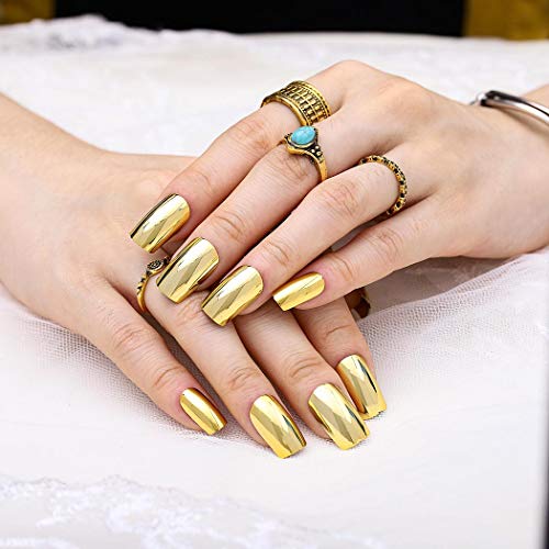 Woeoe Mirror Glossy Press on Nails Gold Long Square Artificial Fake Nails Metallic Full Cover Solid Color False Nails Tips for Women and Girls (Pack of 24)