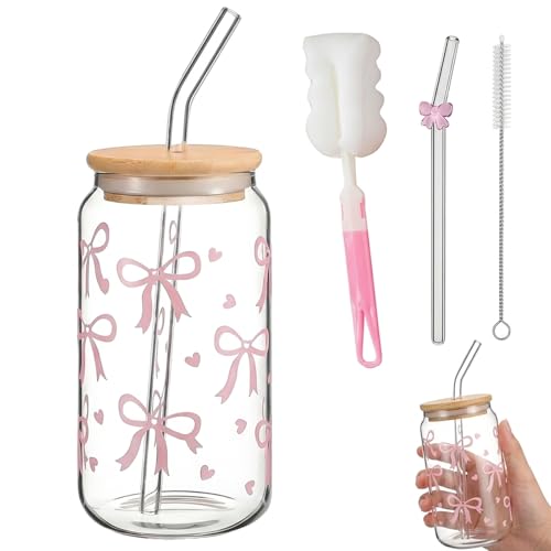 JNGTKL Glass Cups with Lids and Straws Set of Four Reusable Drinkware Ideal Suitable for Home and Outdoor Use Durable Glass Material with Secure Lids and Straws