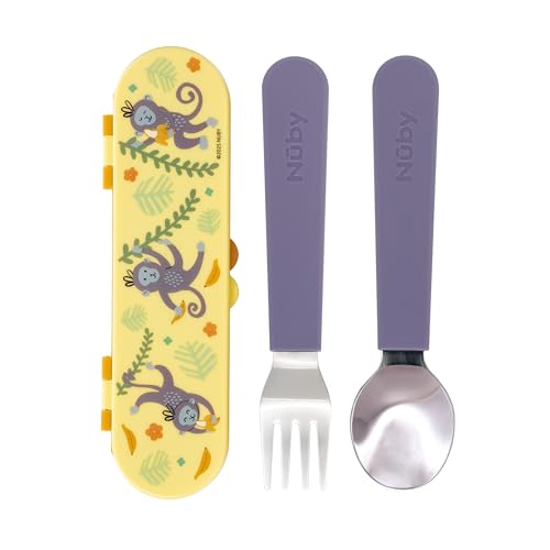 Nuby Stainless Steel Toddler Utensils with Travel Case - Self-Feeding Fork & Spoon Set for Kids - Easy-to-Hold Training Utensils - Rounded Safe Edges for Self-Feeding - Monkeys