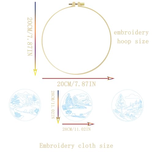 Image of Xinpinzhou 3 Pcs Streamside Landscape Embroidery Kit for Beginners Adults | Beginning Easy Stamped Funny Hand Embroidery Patterns Starter Kits Set Bordado with Cloth, Thread, Needle, Hoop, Scissors