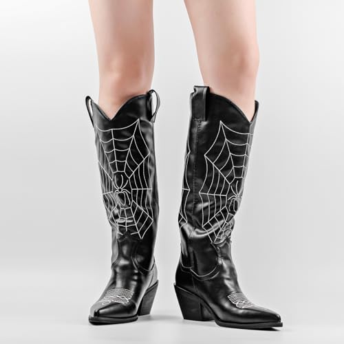Cowboy Boots for Women,Spider Western Pointed Toe Chunky Heel Pull-On Mid Calf Boots for Women Cowgirl Boots Fashion Embroidered Tall4