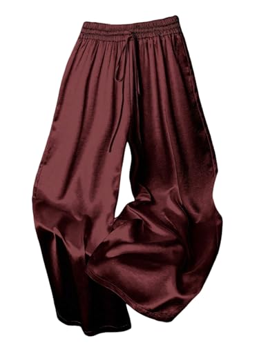 MakeMeChic Womens Satin Wide Leg Pants Drawstring Elastic Waist Silk Trousers Palazzo Pants Burgundy Medium