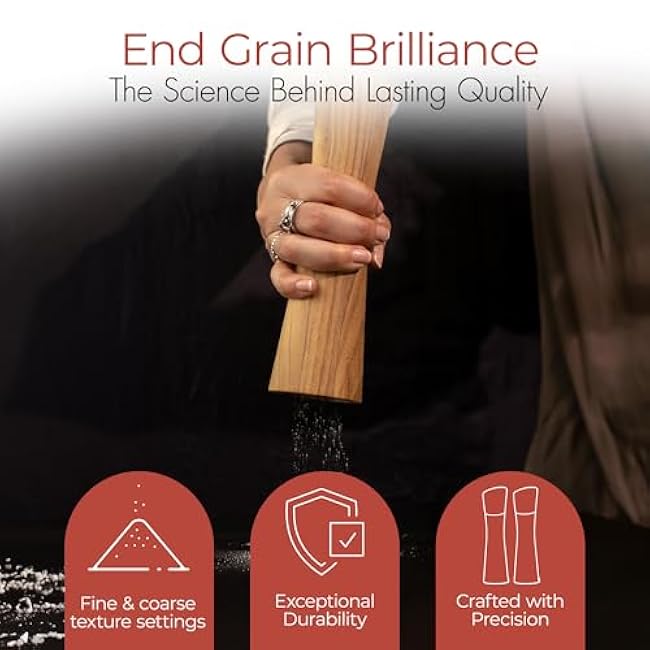 MOELLE Premium Wooden Salt and Pepper Grinder Set Danish Design Teak Wood Shakers, Refillable, Adjustable Coarseness, Ceramic Mechanism, 7.8 inch, In Beautiful Gift Box