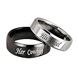 Anillos de compromiso para hombres y mujeres, anillos de aniversario de acero inoxidable grabados con texto 'Her Cowboy and His Angel', personalizables, Sin piedras preciosas