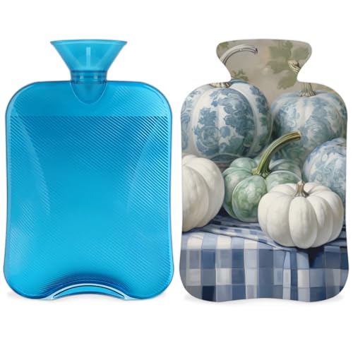 Hot Water Bottle with Soft Cover,2L Colorful Pumpkin Hot Water Bag for Hot and Cold Compress, Hand Feet Warmer, Watercolor Pumpkin Rubber Hot or Cold Water Bottle Halloween Christmas Decorations