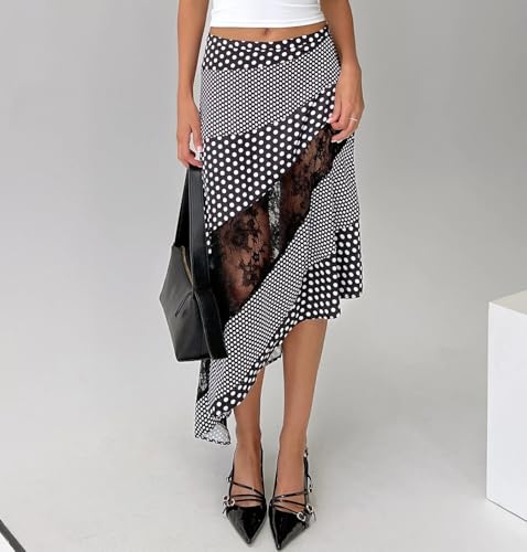 Y2k Women Lace Patchwork Maxi Skirt Long Floral A Line Flowy Midi Skirts Elegant Asymmetrical Going Out Summer2