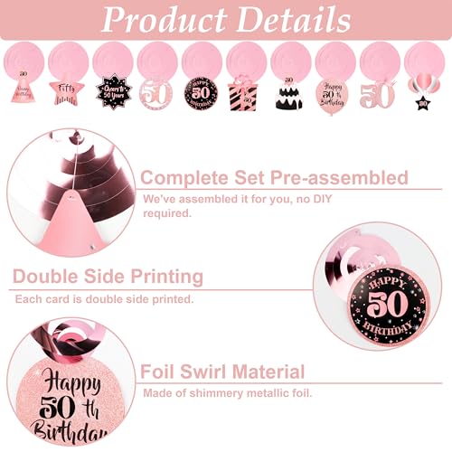 Image of 50th Birthday Decorations for Women Rose Gold Pink Pre Strung Happy 50th Birthday Banner and Hanging Swirls 50 Year Old Party Decorations Supplies