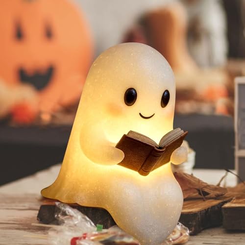 Plyisty Niedliche Geister-Lesebuchlampe Geister-Nachtlicht aus Harz Warm Beleuchtete Figurenstatue Halloween-Dekoration für Party-Schlafzimmer (S 100 x 40 x 0 3 cm / 39 4 x 15 7 x 0 1 Zoll)