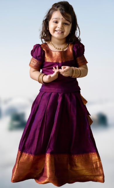 Image of New South Indian Traditional Pattu Pavadai Tapeta Silk Lehenga Choli For Girls Dress Wine 7 Years- 8 Years | (JH-2)