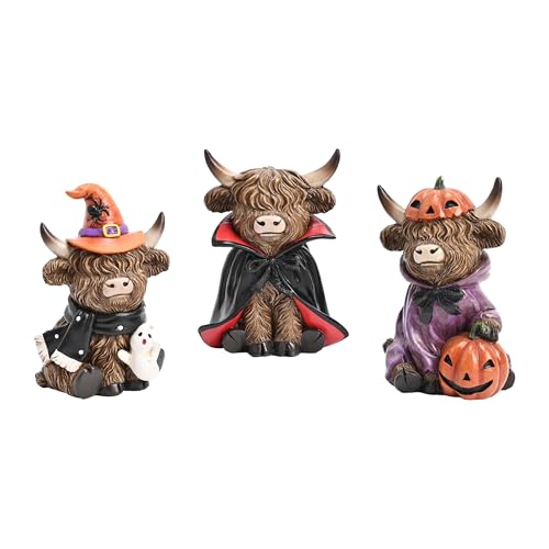 Valery Madelyn Halloween Decor Indoor 3 Pcs Resin Highland Cow Decor for Home Halloween High Mountain Yak Figurines Ghost Vampire Witch Hat Jack o Latern Pumpkin for Table Tiered Tray Porch 4