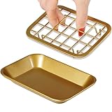 SheeChung Kitchen and Bathroom Soap Dish Tray - Metal Soap Dish Tray with Drainage Grid and Holder for Kitchen Sink Countertops to Store Soap, Sponges, Scrubbers - Rust Resistant (Gold)