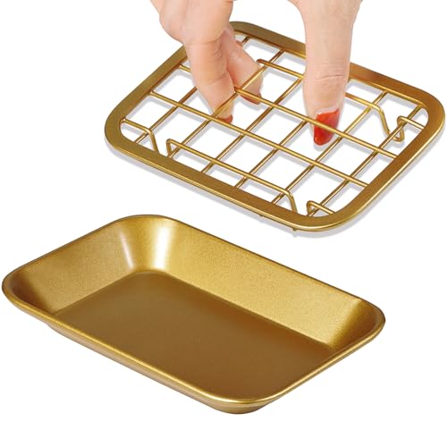 SheeChung Kitchen and Bathroom Soap Dish Tray - Metal Soap Dish Tray with Drainage Grid and Holder for Kitchen Sink Countertops to Store Soap, Sponges, Scrubbers - Rust Resistant (1 Pack, Gold)
