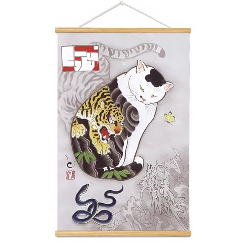 Japanese Tattoo Cat Wall Art Scroll with Wooden Hanger, Ukiyo-e Canvas Poster, Retro Asian Wall Decor for Bedroom Living Room (Tattoo Cat-O, 24L x 16W, Framed)