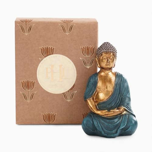 Image of PURE HOME + LIVING Dark Blue Antique Gold Polyresin Sitting Buddha - Small Statue | for Office, Temple, Home Decor, Gifts, Mahavirjayanti & Living Room | Peaceful Buddha Sculpture (Pack of 1)