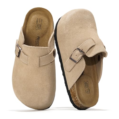 Project Cloud Kids Clogs 100% Genuine Leather w/Natural Cork Footbed & Memory Foam Insole Arch Support- Non-Slip Clogs for Kids - Slippers Sandals for Boys & Girls Footwear(LittleBenton STONSUEDE 2)