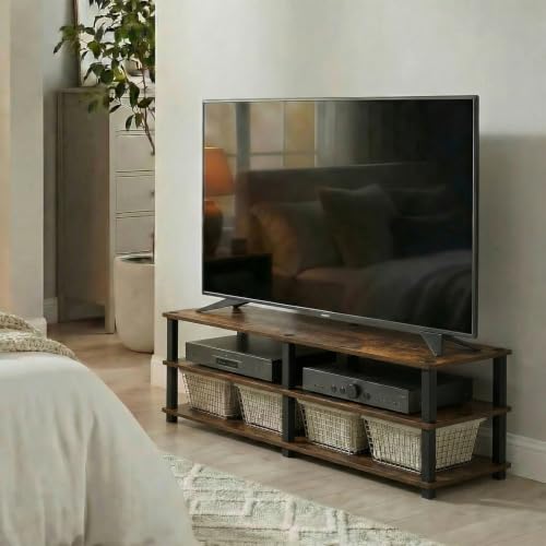 Image of Furinno Turn-S-Tube Toolless Assembly 3-Tier TV Stand, Entertainment Center for TV up to 55 Inch, Wide Printer Stand with Storage Shelf, for Living Room, Bedroom, Amber Pine