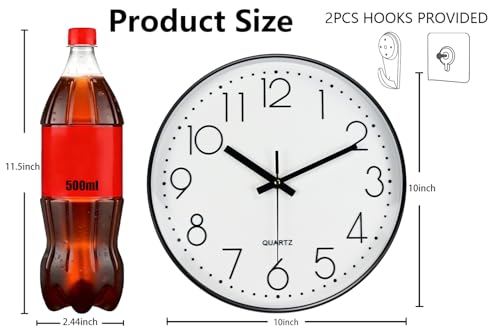 Image of Wall Clock, Silent Wall Clocks Battery Operated 10 Inch Modern Non Ticking Analog Clock with Large Numerals Tempered Glass Clocks for Bedroom, Living Room, Kitchen, Office Decor, White Black