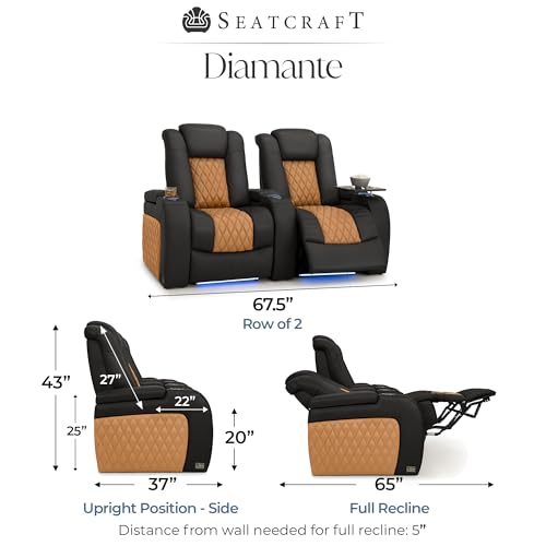Image of Seatcraft Diamante Black /Tan Oak Italian Leather Home Theater Seating, Zero Gravity Power Recliner, Gaming and Home Office Chair, Powered Headrest Furniture for Family Cinema Room, Row of 2