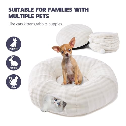 Image of Bubble Cat Tunnel for Indoor Cats, Round Peekaboo Cave Toy with Dangling Balls, Donut Tunnel Bed with Circle Mat for Puppy Kitten Rabbit, Cream White