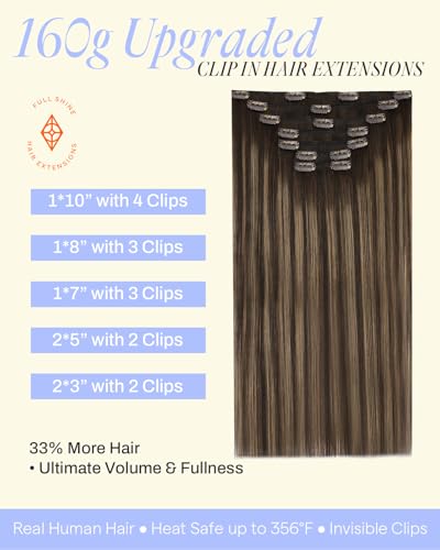 Image of Full Shine Balayage Thick Human Hair Clip in Extensions, 18 Inch 160g 7Pcs | Dark Brown to Ash Brown Hair Extensions Clip ins, Thick Remy Hair, Natural Volume, Fine to Medium Hair